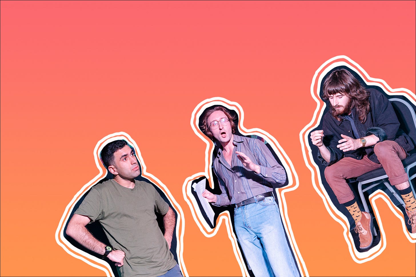 Three male improvisors cut out and placed against an orange sunset gradient, on a jaunty angle