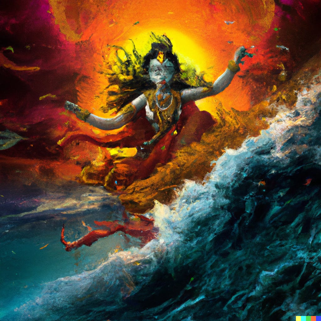 A blue-skinned figure with long black hair dances in an ocean of dark turquoise water. They are wearing red and orange fabric that flies out around their body. The frothy white and turquoise waves rise up on the front right. A saffron and yellow colored sunset is directly behind them and glows around their body.