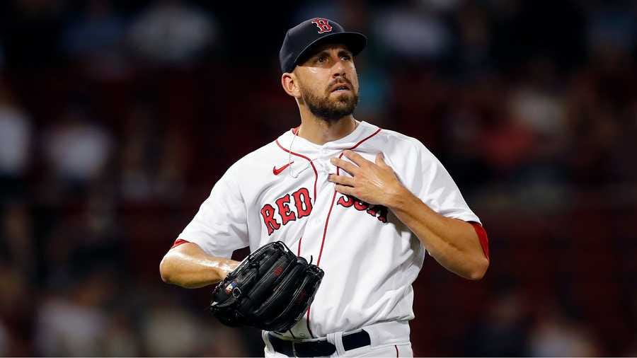 Boston Red Sox's Matt Barnes plays against the Minnesota Twins during the ninth inning of a baseball game, Tuesday, Aug. 24, 2021, in Boston. (AP Photo)