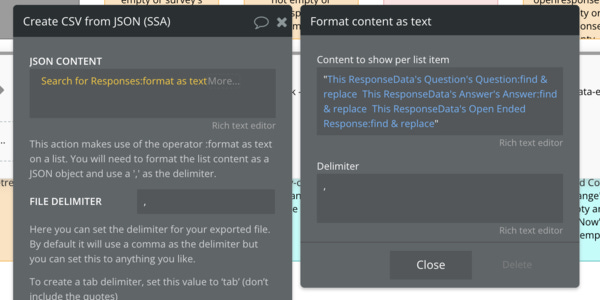 For lists of items within a field, use a secondary :format as text operator
