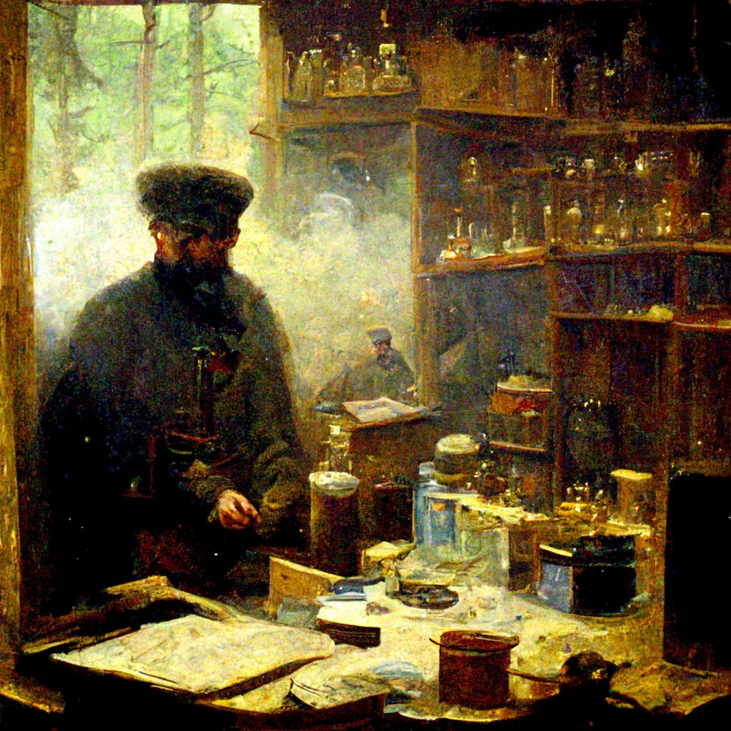 Nikolai Menshutkin, 1883, making discoveries in his labaratory in Russia