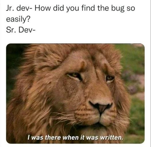 May be an image of text that says 'Jr. dev- How did you find the bug so easily? Sr. Dev- I was there when it was written.'