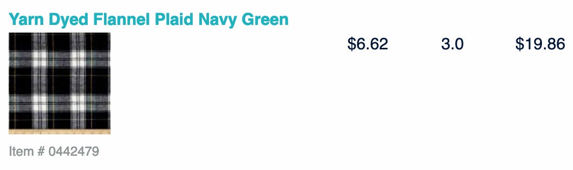 Yarn Dyed Flannel Plaid Navy Green. Three yards at $6.62 a yard.