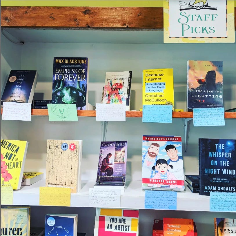 A signed copy of Because Internet hanging out on the staff picks shelf of Argo bookshop.
