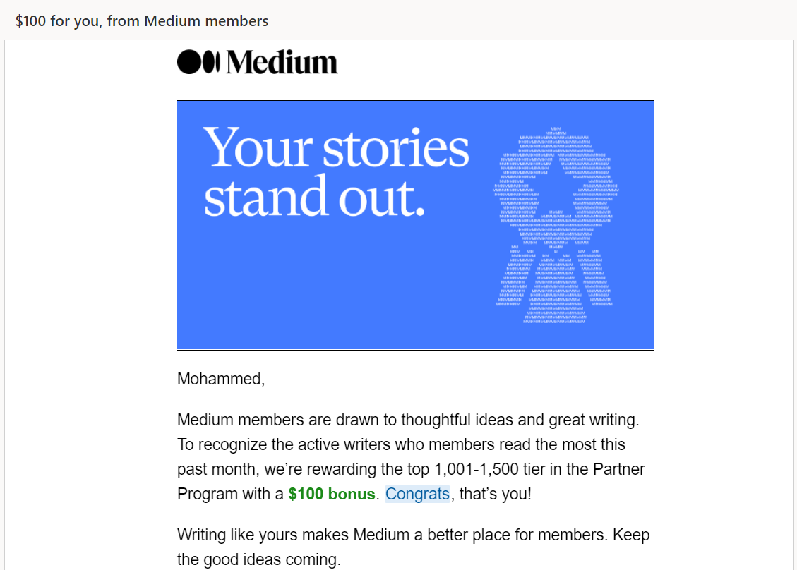 Screenshot of Medium $100 bonus email for the top 1500 writers.