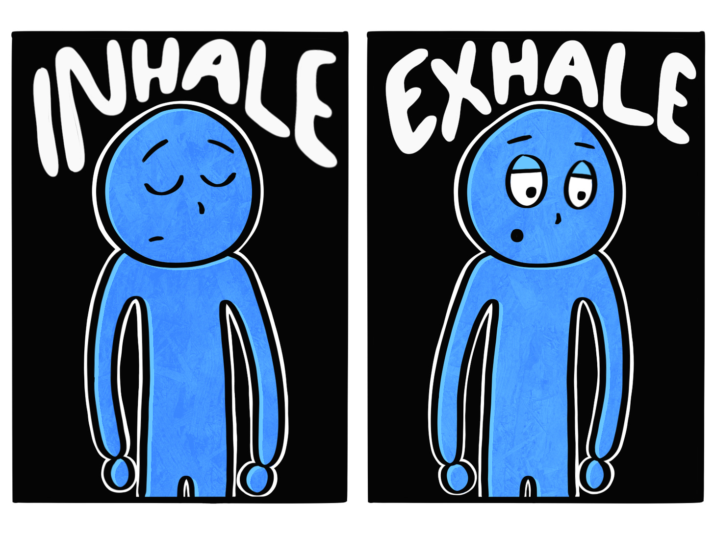 Image: Two panels, one of the Blue Person breathing in surrounded by the letters "inhale" and the second showing the Blue Person breathing out surrounded by the word "exhale."