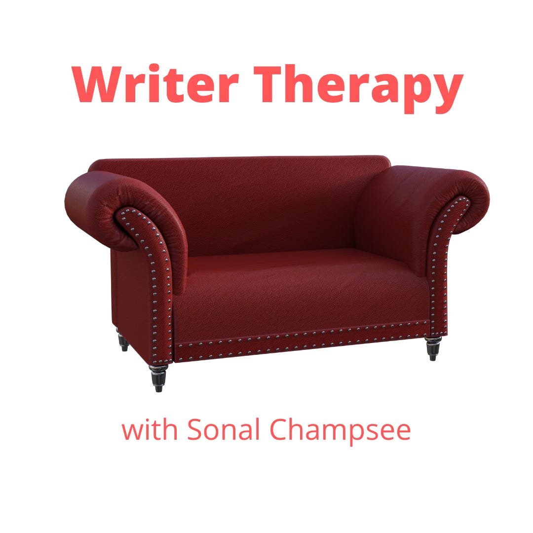 A dark red couch with the words "Writer Therapy, with Sonal Champsee" in coral letters around it.
