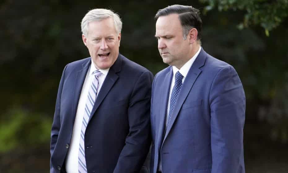 Mark Meadows and Dan Scavino outside the White House in September 2020