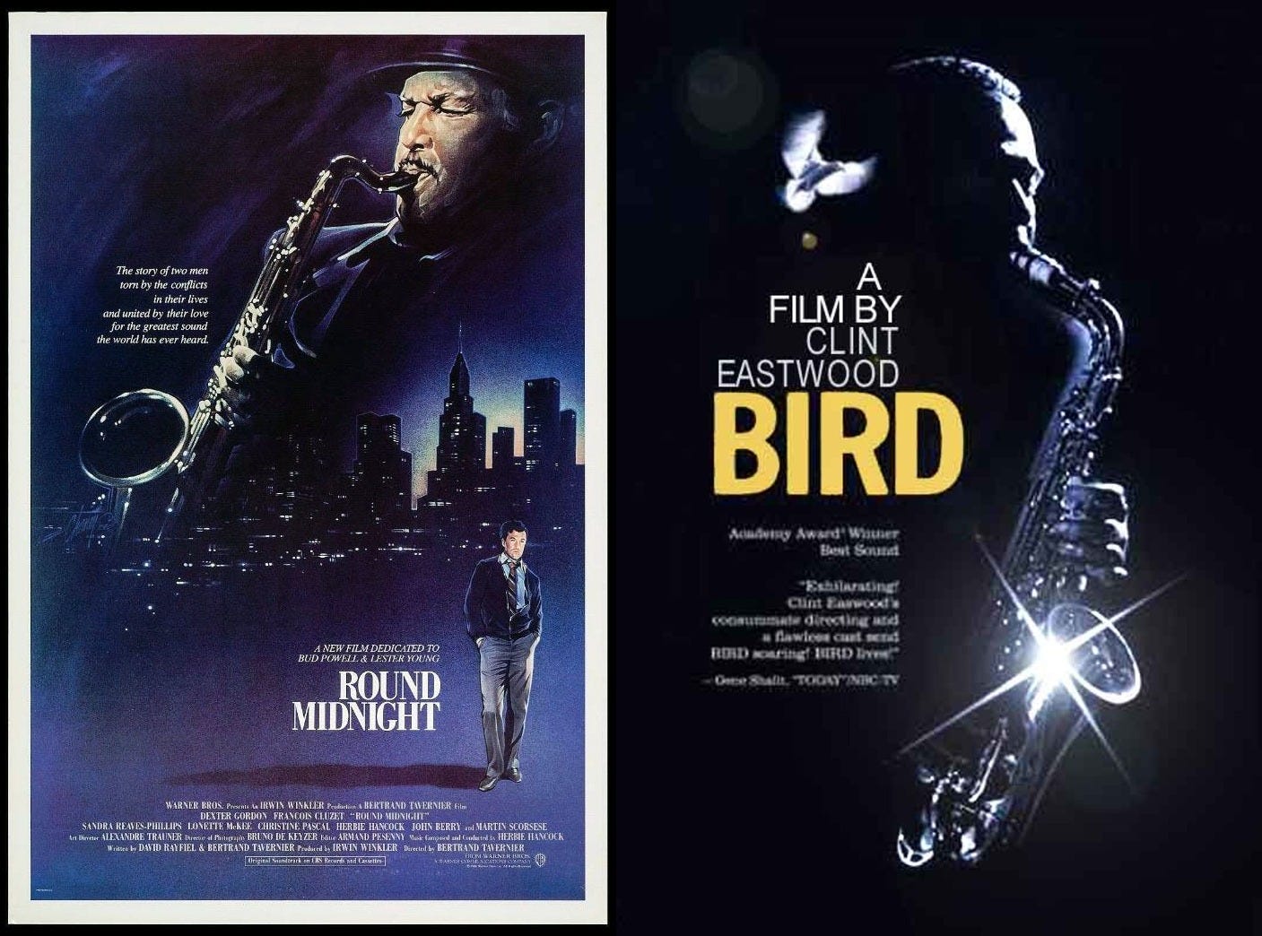 This diptych shows the one-sheet posters for Bertrand Tavernier's 1986 film Round Midnight (on the left) and Clint Eastwood's 1988 film Bird (on the right). This diptych shows the one-sheet posters for Bertrand Tavernier's 1986 film Round Midnight (on the left) and Clint Eastwood's 1988 film Bird (on the right).