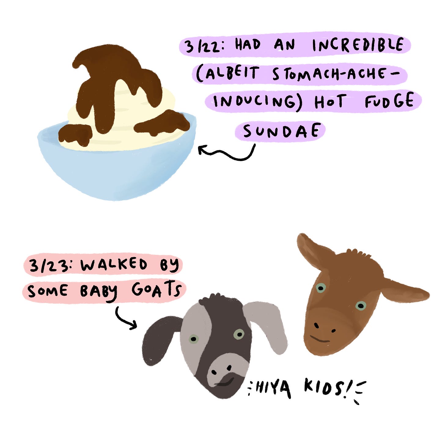 illustration of an ice cream sundae and two baby goats