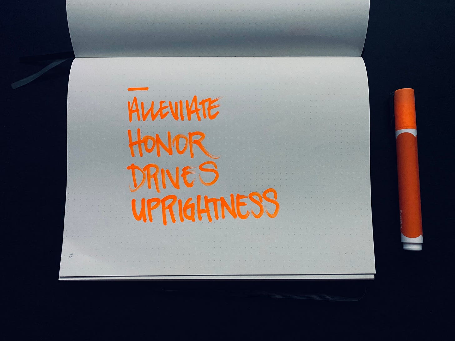 Words in a notebook, written in orange paint