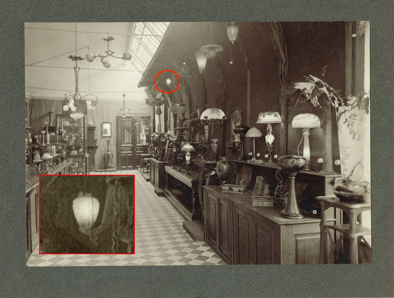 Hippolyte Dubois (attributed to), The Établissements Gallé's showroom ca. 1905, with the possible Cylène lamp circled in red (private collection).