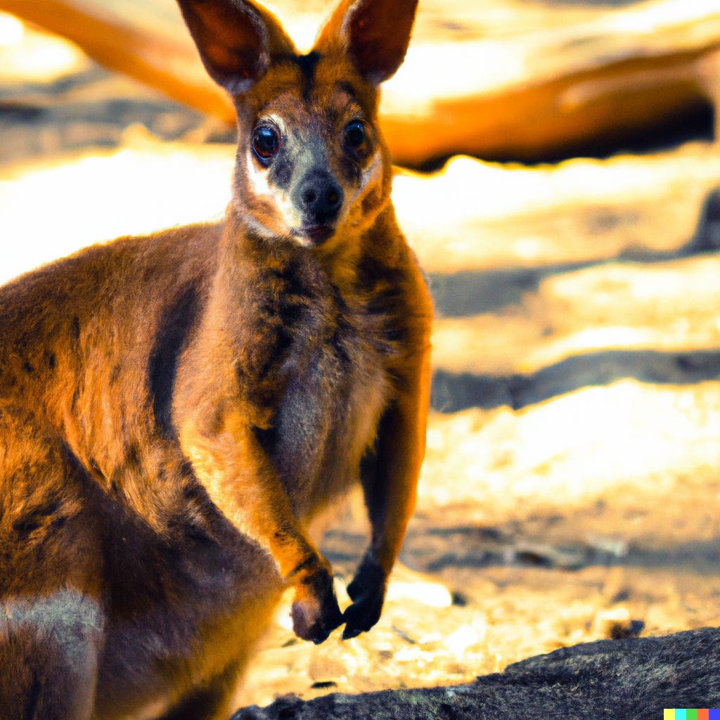 AI generated image of a Kangaroo staring directly toward the camera, with a blurred boca background