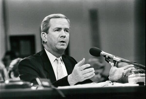 Robert C. McFarlane testifying at the Iran-contra hearings in May 1987. A former Marine, he distinguished himself in the aftermath of the scandal by his full and unequivocal acceptance of blame for his actions. 