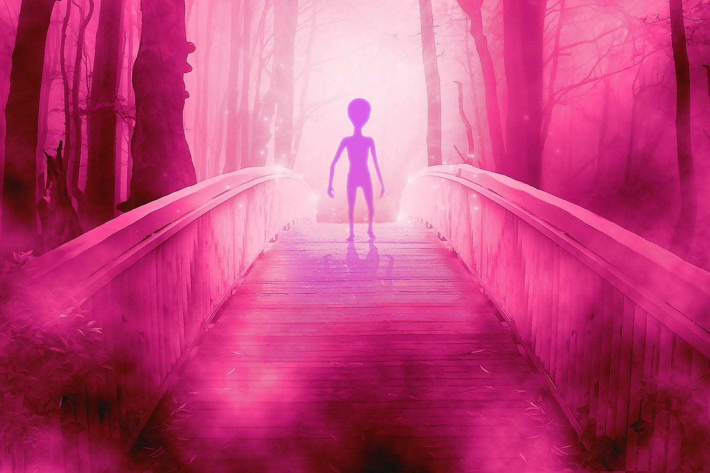 Illustration of an alien figure approaching from across a bridge