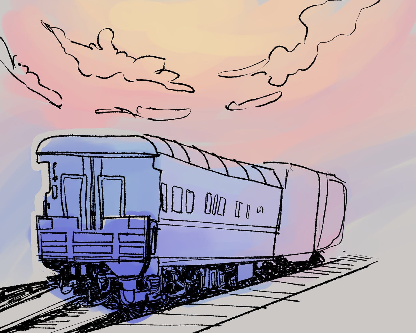 a drawing of a train in sunset by jess