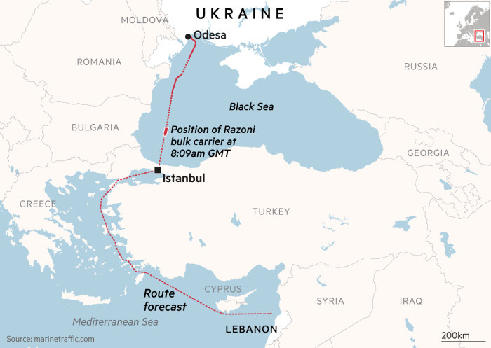 Map showing position of Razoni bulk carrier leaving Odesa en route to Lebanon with 26,000 tonnes of corn