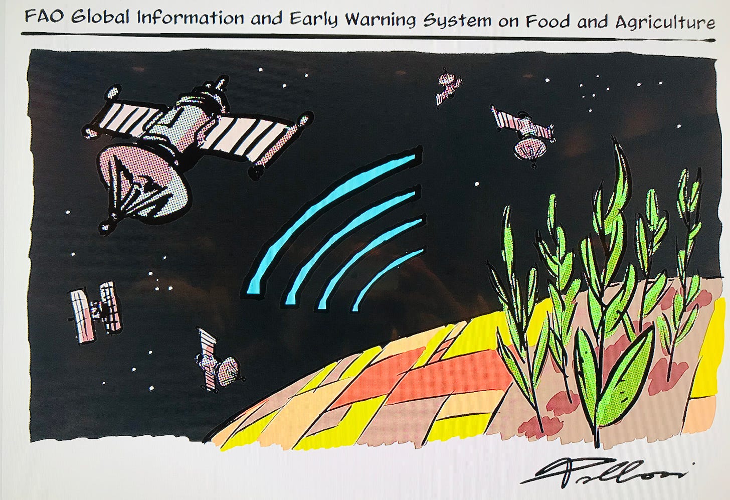 Graphic visualization of satellites monitoring crop conditions