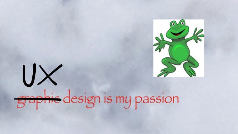 A grey background with a poorly photoshopped image of a cartoon frog above writing that says, “UX design is my passion”