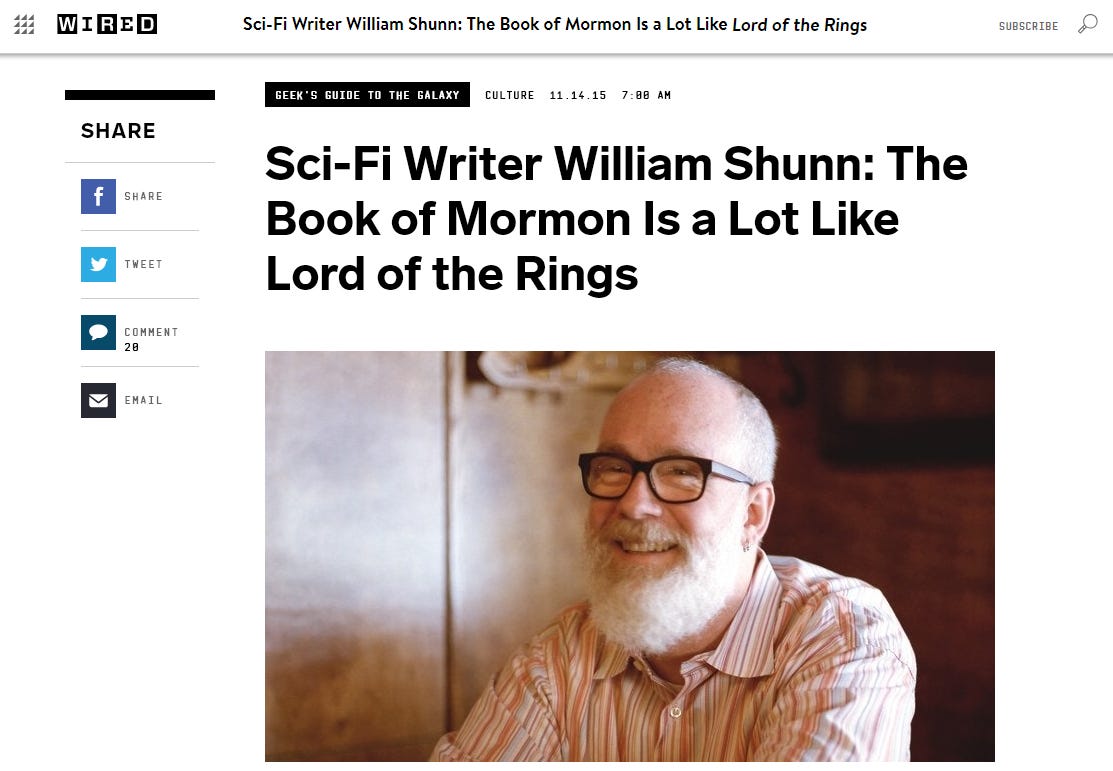 A screenshot from Wired.com, dated 14 November 2015, showing a photograph of a smiling, gray-bearded man with horn-rimmed glasses below a bold headline that reads: "Sci-Fi Writer William Shunn: The Book of Mormon Is a Lot Like Lord of the Rings"