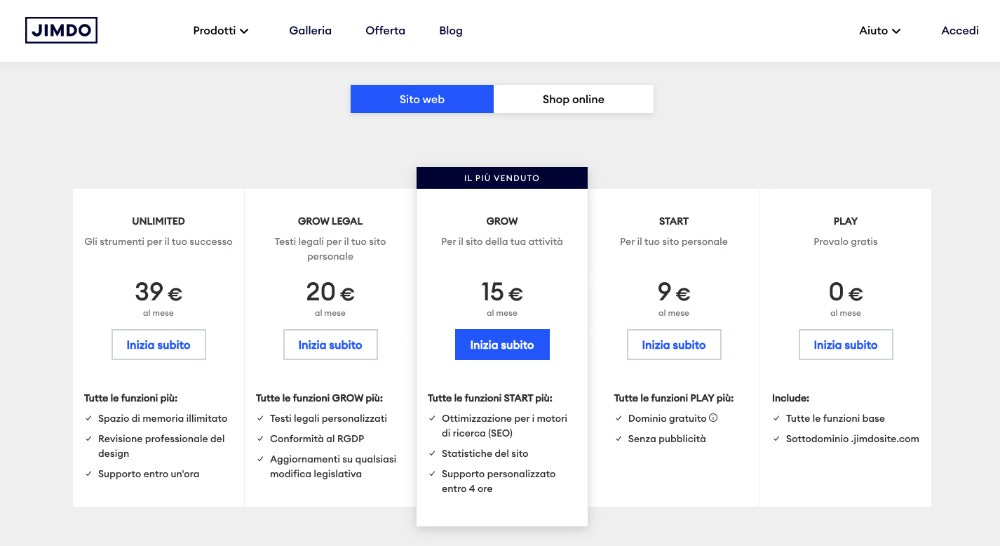 Costi e prezzi di Jimdo website builder