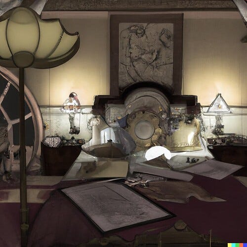 DALL·E 2022-09-21 00.55.15 - a once-elegant bedroom filled with expensive georgian furniture, lit with lamps, at night, with books, dishes, and paper scattered about _ architectur