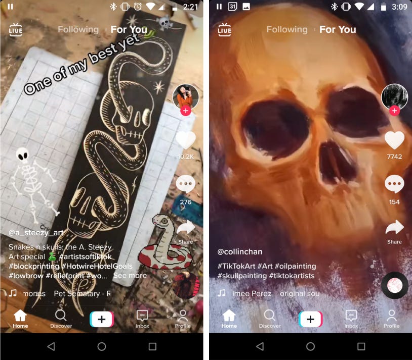 Two TikTok screenshots side-by-side: On the left a block print of skulls and snakes, on the right, an oil painting of a skull