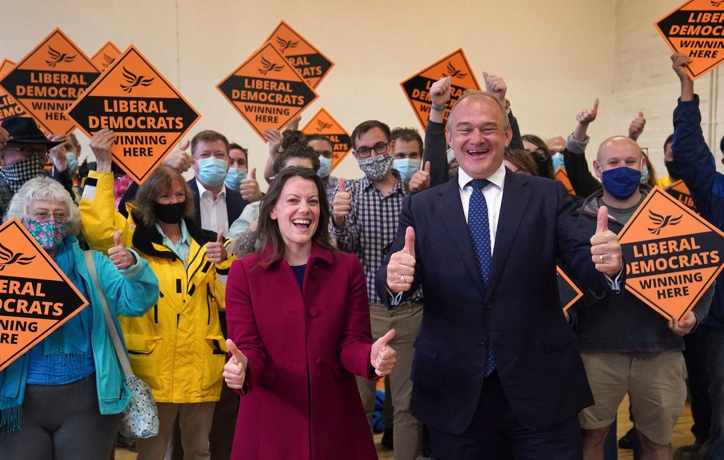 Liberal Democrat leader Ed Davey and new Liberal Democrat MP for Chesham and Amersham Sarah Green celebrated during a victory rally at Chesham Youth Centre on Friday.