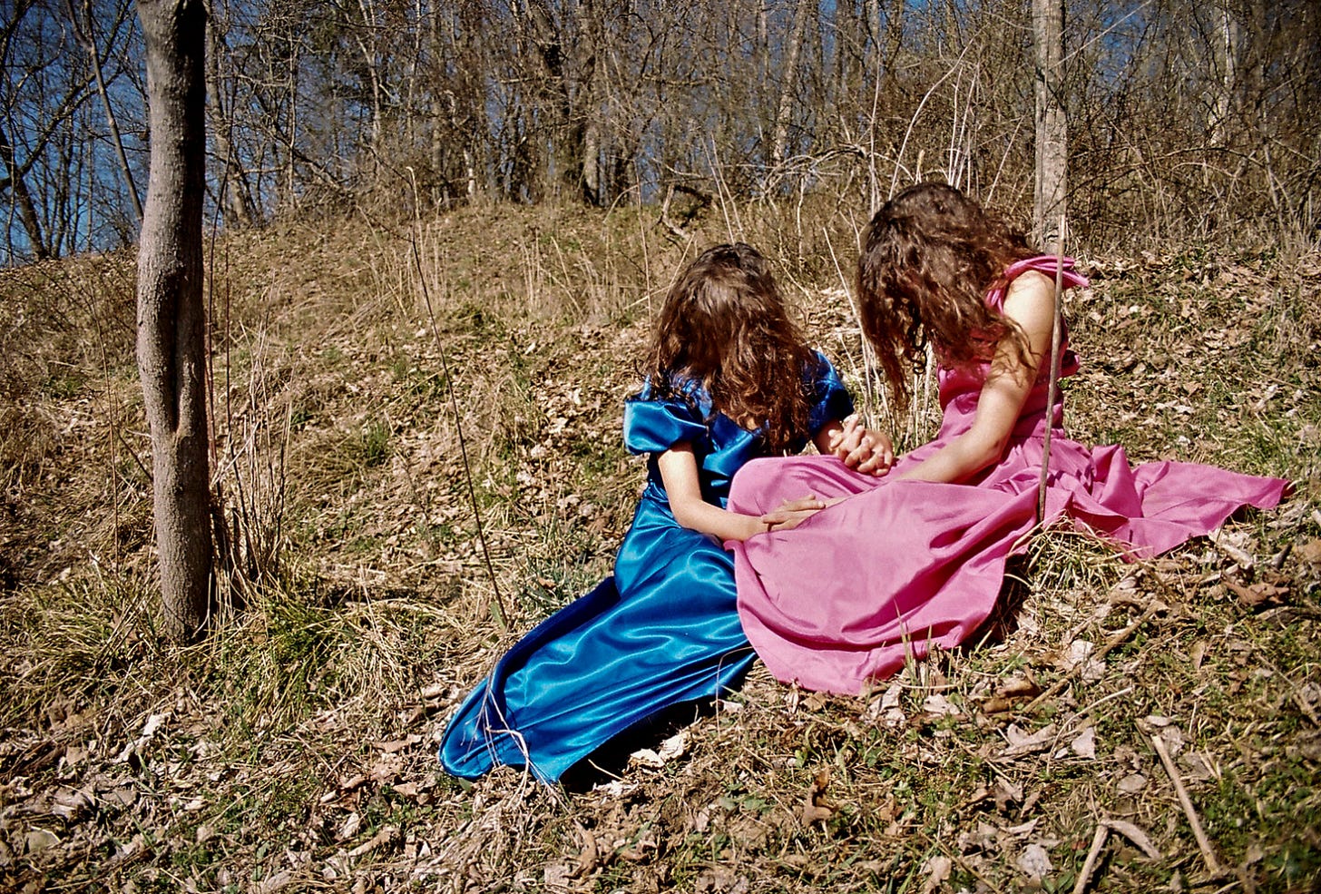 Two young girls sit on a hill in the woods surrounded by bare trees and brown leaves on the ground. Both of their heads bow down and their brown hair covers their faces. They each wear bright blue and pink dresses that contrast with the muted and barren background. 