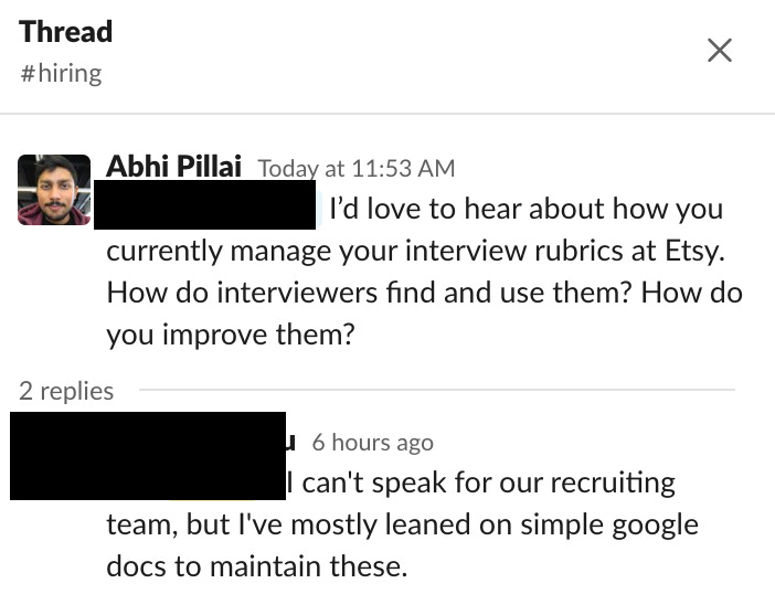Screenshot of slack conversation with Eng Manager at Etsy saying that he just uses Google Docs