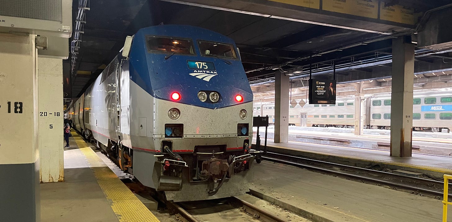 the front of Amtrak engine 175, sitting on the tracks in Chicago’s Union Station