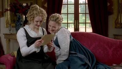 Emma and Harriet are reading Mr. Elton's riddle and trying to decipher it. 