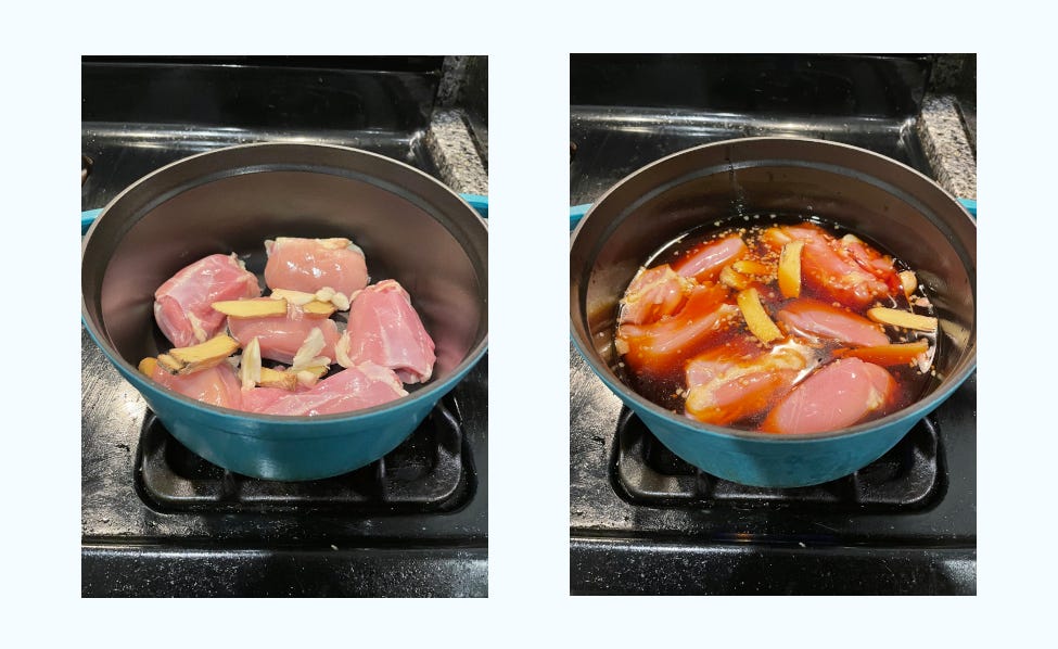 two pictures of shoyu chicken in progress. on the left, chicken thighs, garlic, and ginger in a blue dutch oven. on the right, chicken thighs, ginger, and garlic immersed in liquid in a blue dutch oven