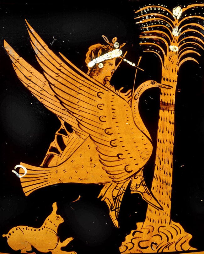The god Apollo rides on a swan while playing a musical instrument.