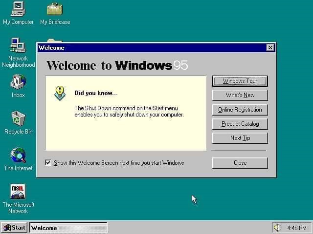 Windows 95 desktop with "The Internet", "Inbox", and "The Microsoft Network" icons
