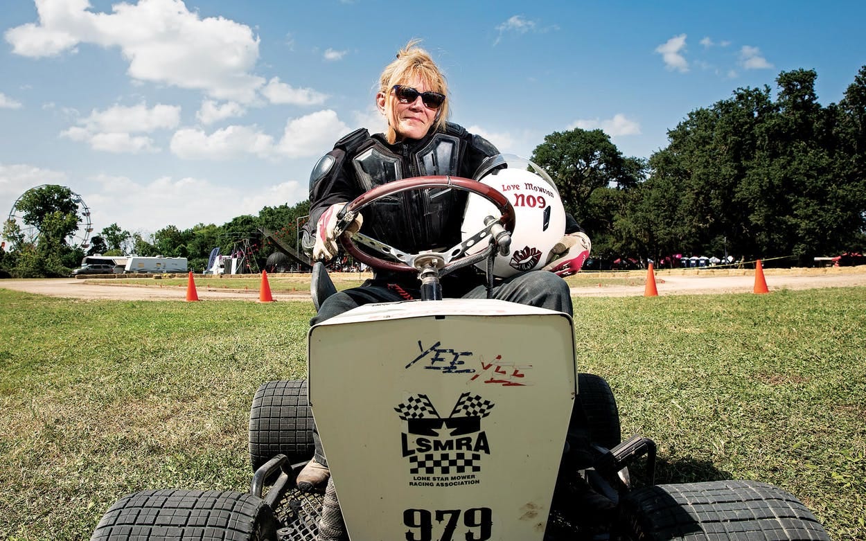 Sammie Neal at the Lone Star Mower Racing Association lawn mower races at the Kendall County Fairgrounds in Boerne, on September 4, 2021.