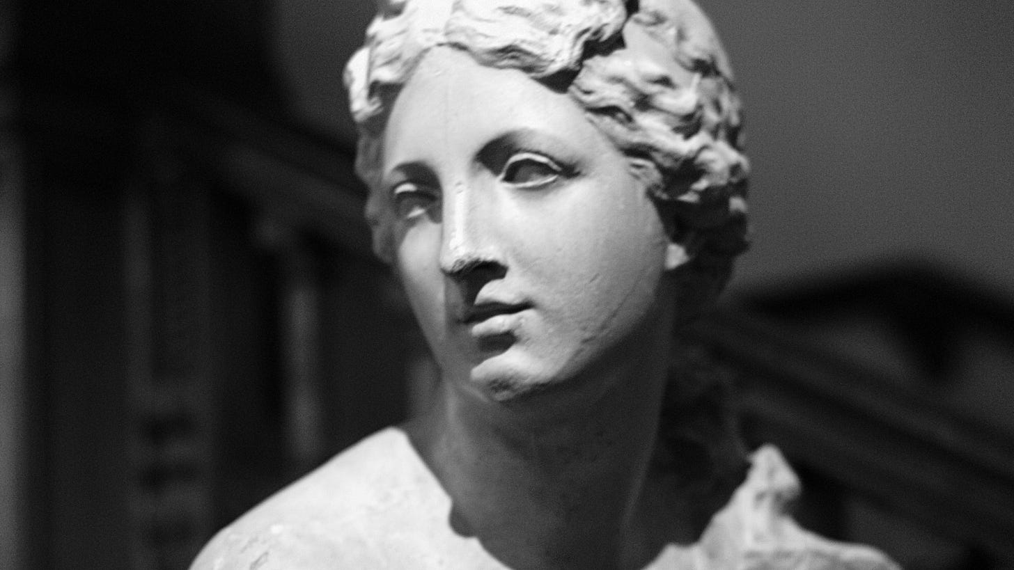 A close-up of Aphrodite's face, from a full statue. In black and white.