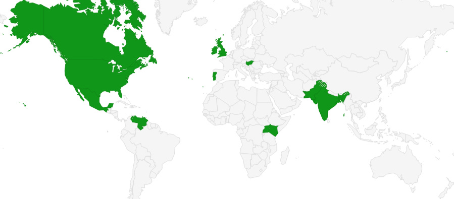 map of the world with green highlights showing the countries with presence