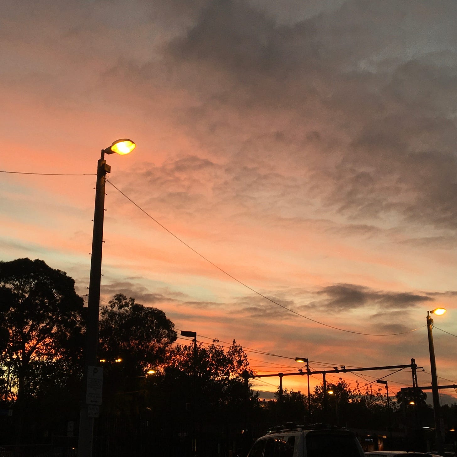 the sky, streaked in orange and grey. there are outlines of streetlines and trees