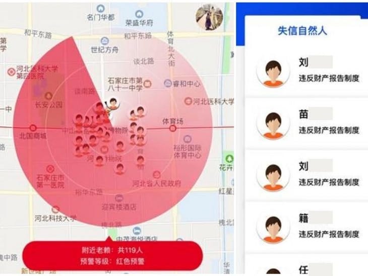 A red radar circle imposed over a map. Icons representing faces are placed both on the map and in a sidebar.