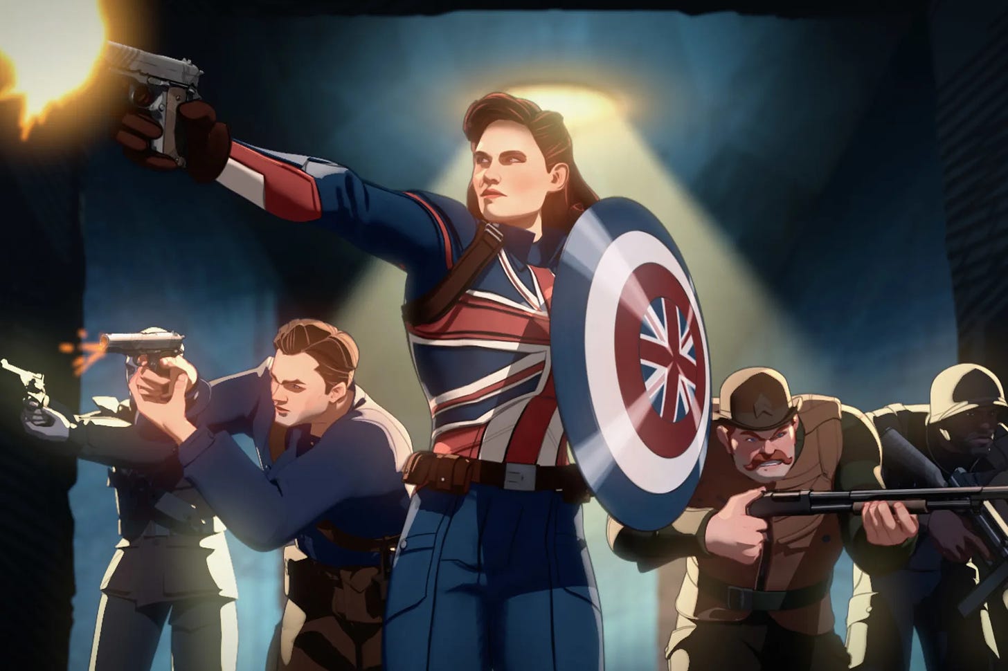 Animated still of Peggy Carter as Captain Britain instead of Captain America