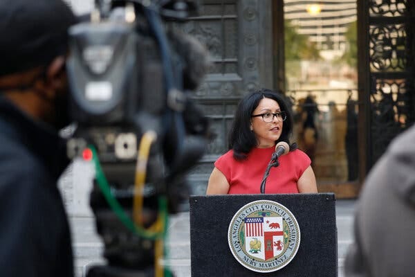 The former Los Angeles City Council president Nury Martinez during a news conference in Los Angeles last month. Ms. Martinez announced her resignation as a councilwoman on Wednesday.