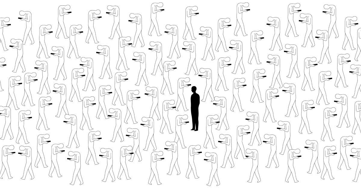 an illustration showing a person, looking up, surrounded by a crowd of people all looking down at their phones