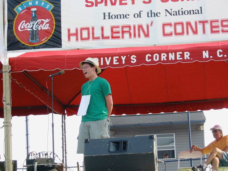 Foer participating in the National Hollerin' Contest in Spivey's Corner, North Carolina. 