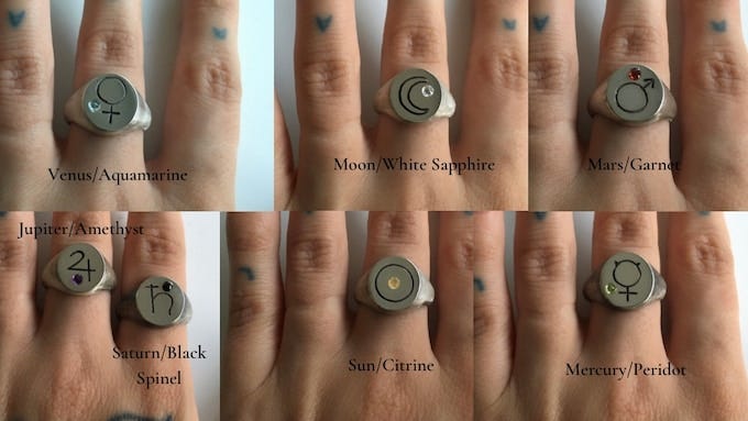 A collage of 6 photos showing 7 signet rings with gemstones placed on them.