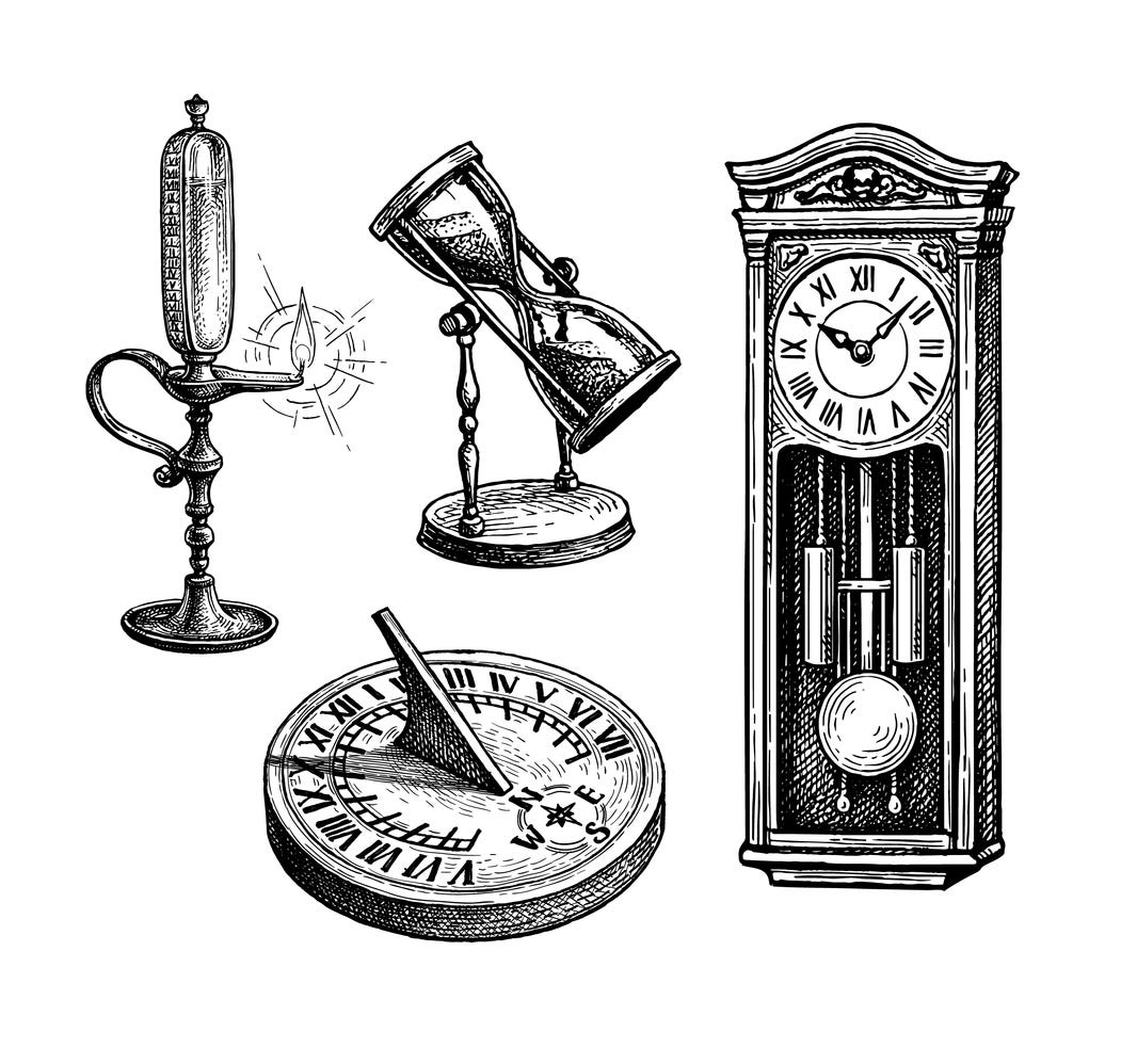 Time measuring oil lamp, Sundial, hourglass and pendulum clock.