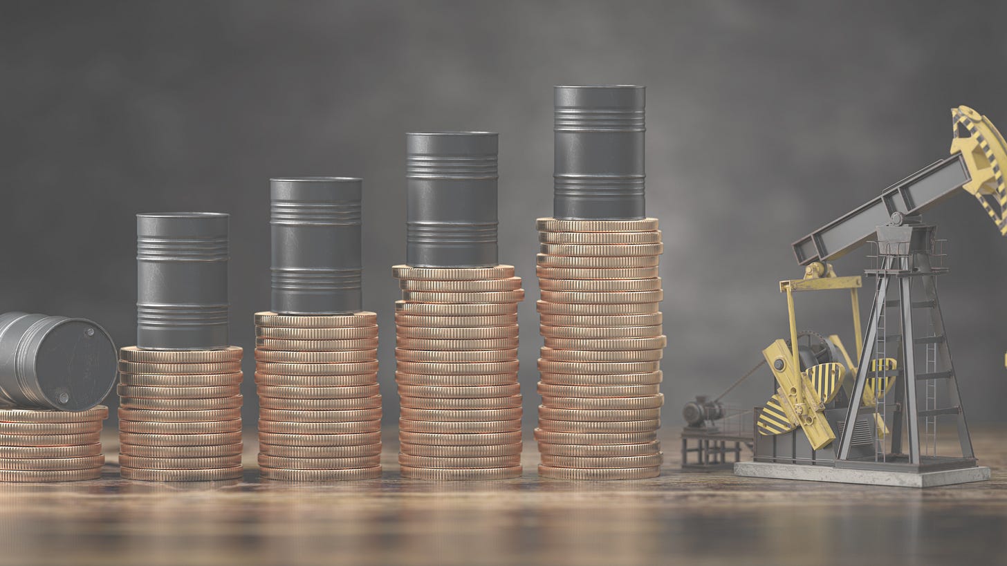 five stacks of coins with a can at the top of each stack and crane at the end