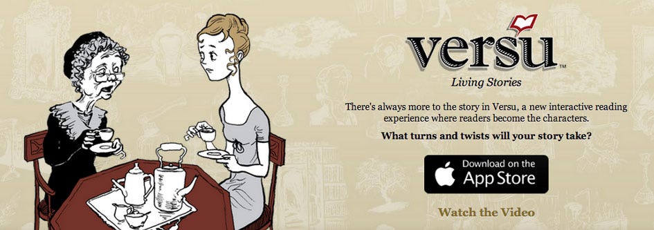 Header from the Versu launch site, featuring an illustration of an old woman and young lady having tea, and the text "There's always more to the story in Versu, a new interactive reading experience where readers become the characters. What turns and twists will your story take?"