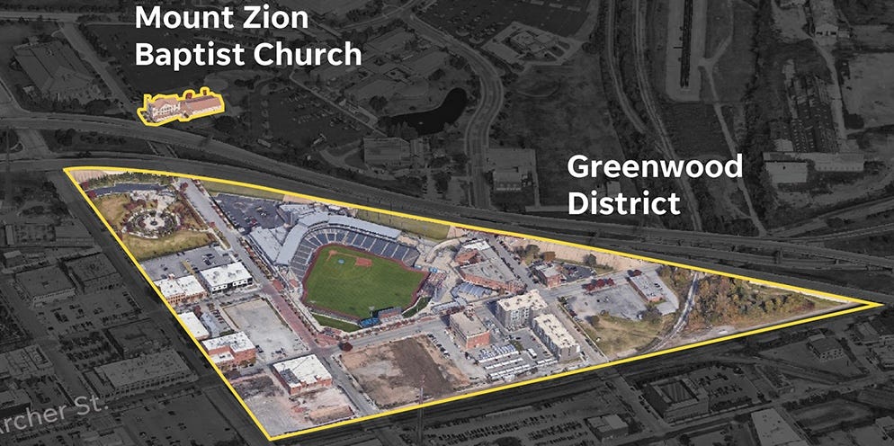 Map of greenwood today with ballpark dominating