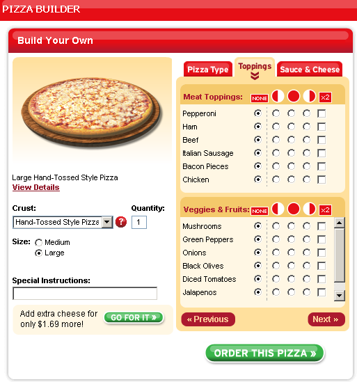 Screenshot from Pizza Hut's menu from the earlier days of the web